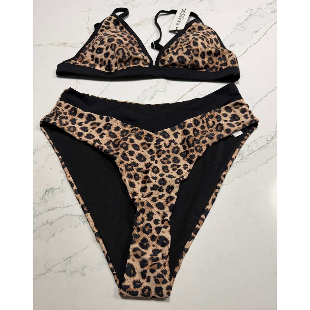 AIMAGE Womens Leopard Print High Waisted Bikini Set Brown Black Size M‎ NWT